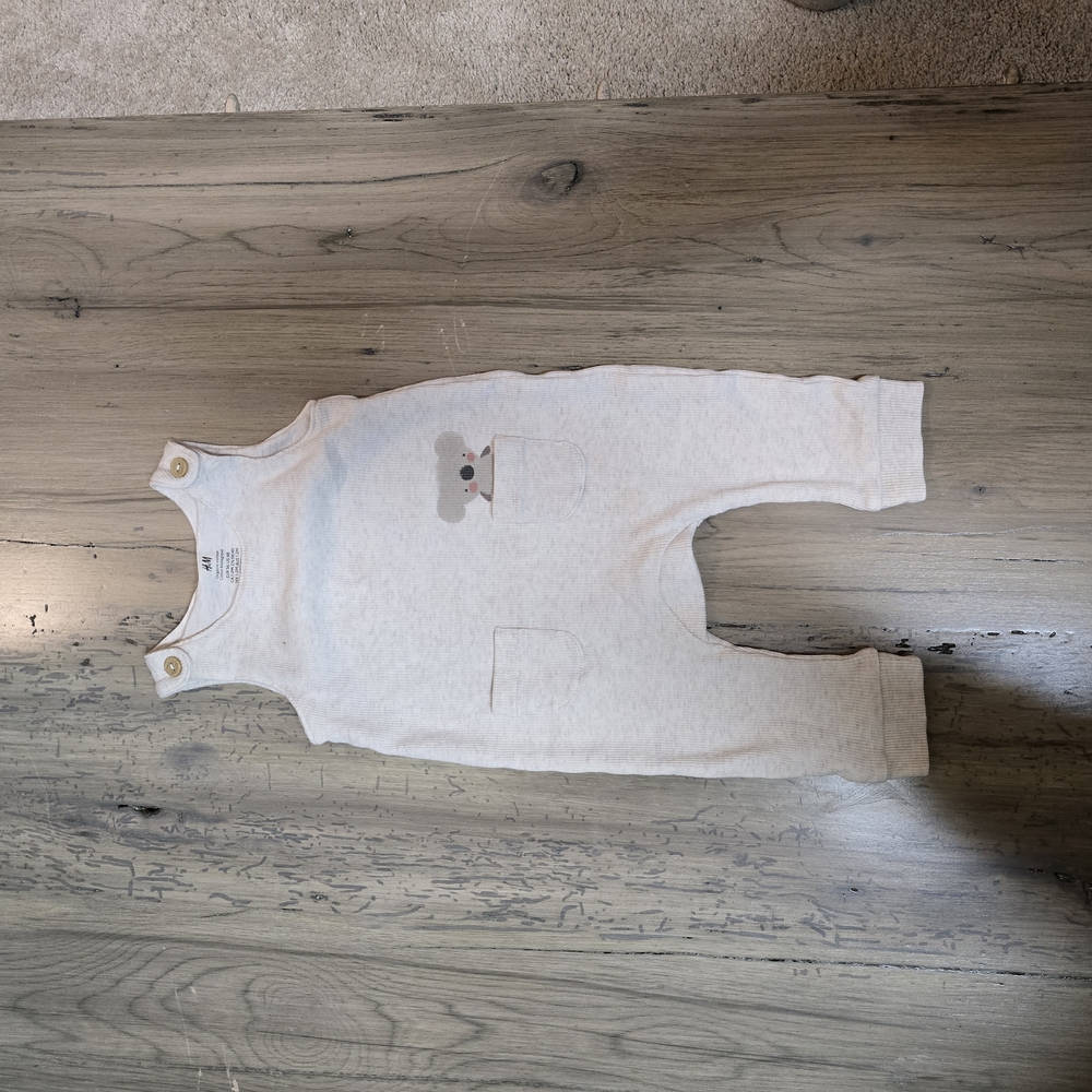 Cream Baby Overalls with Bear Design